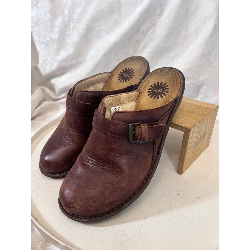 UGG Australia Womens Brown Leather Shearling Lined Buckle Clogs Mules 1003333 9